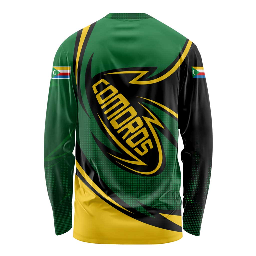 Comoros Long Sleeve Shirt with Green Black Yellow Swirl Design and National Emblem Pattern