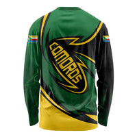 Comoros Long Sleeve Shirt with Green Black Yellow Swirl Design and National Emblem Pattern