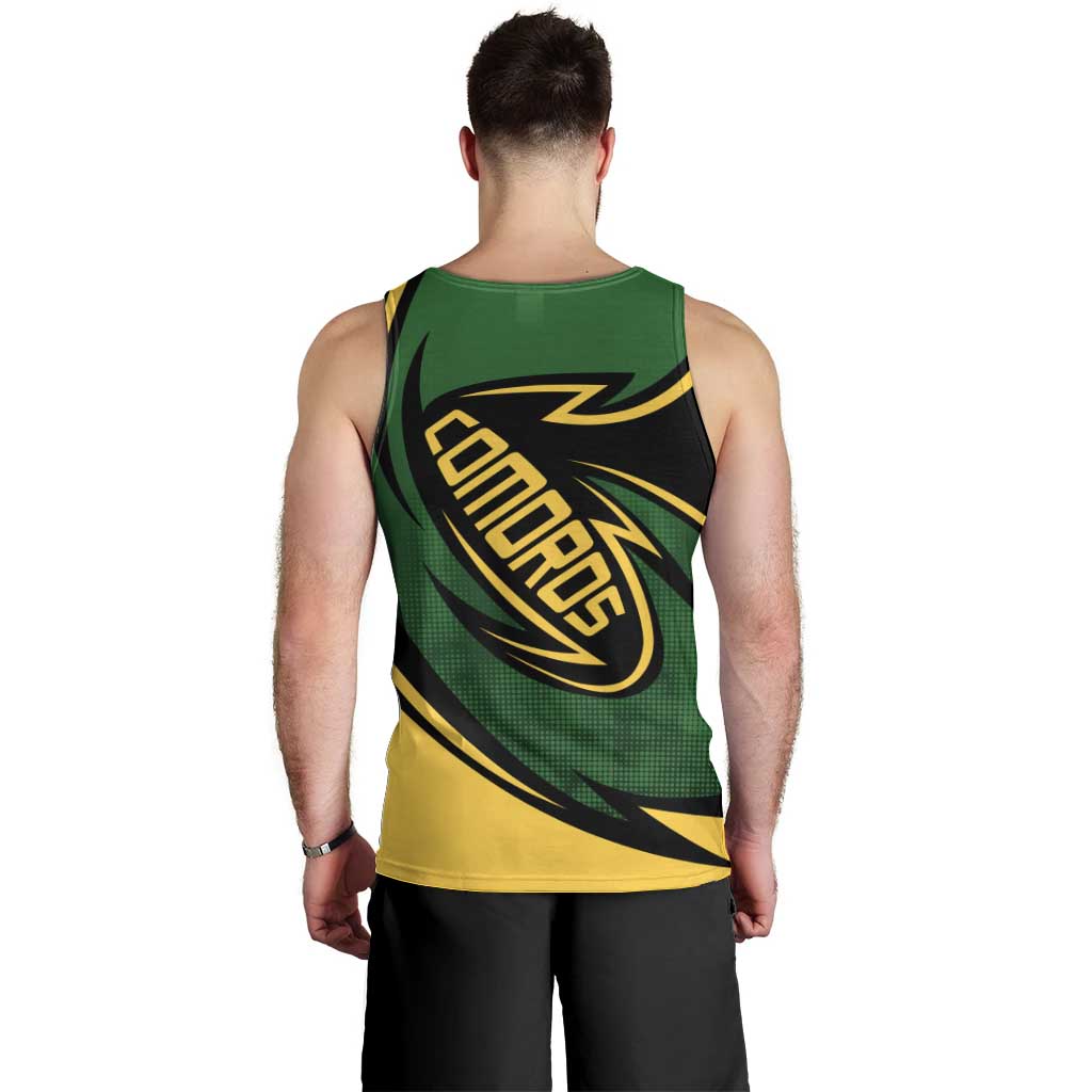 Comoros Men Tank Top with Green Black Yellow Swirl Design and National Emblem Pattern