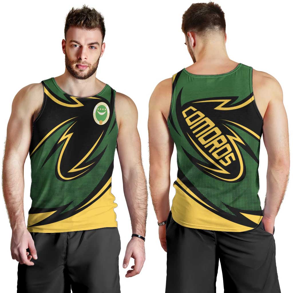 Comoros Men Tank Top with Green Black Yellow Swirl Design and National Emblem Pattern