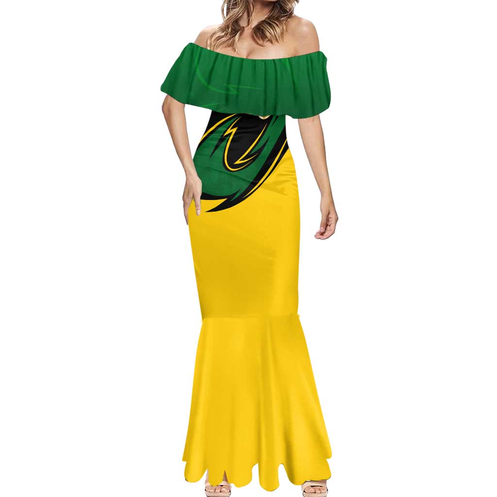 Comoros Mermaid Dress with Green Black Yellow Swirl Design and National Emblem Pattern
