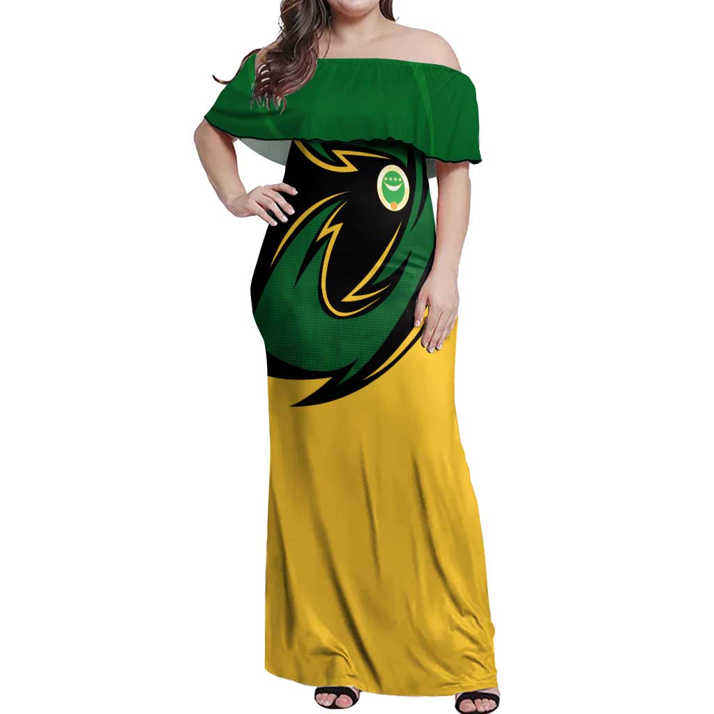 Comoros Off Shoulder Maxi Dress with Green Black Yellow Swirl Design and National Emblem Pattern