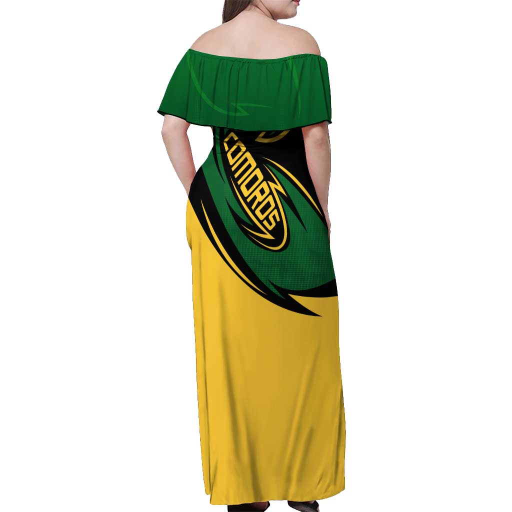 Comoros Off Shoulder Maxi Dress with Green Black Yellow Swirl Design and National Emblem Pattern