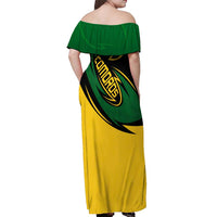 Comoros Off Shoulder Maxi Dress with Green Black Yellow Swirl Design and National Emblem Pattern