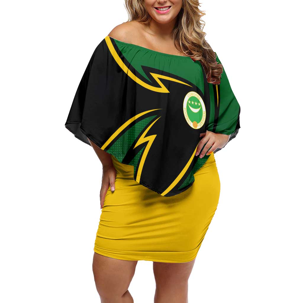 Comoros Off Shoulder Short Dress with Green Black Yellow Swirl Design and National Emblem Pattern