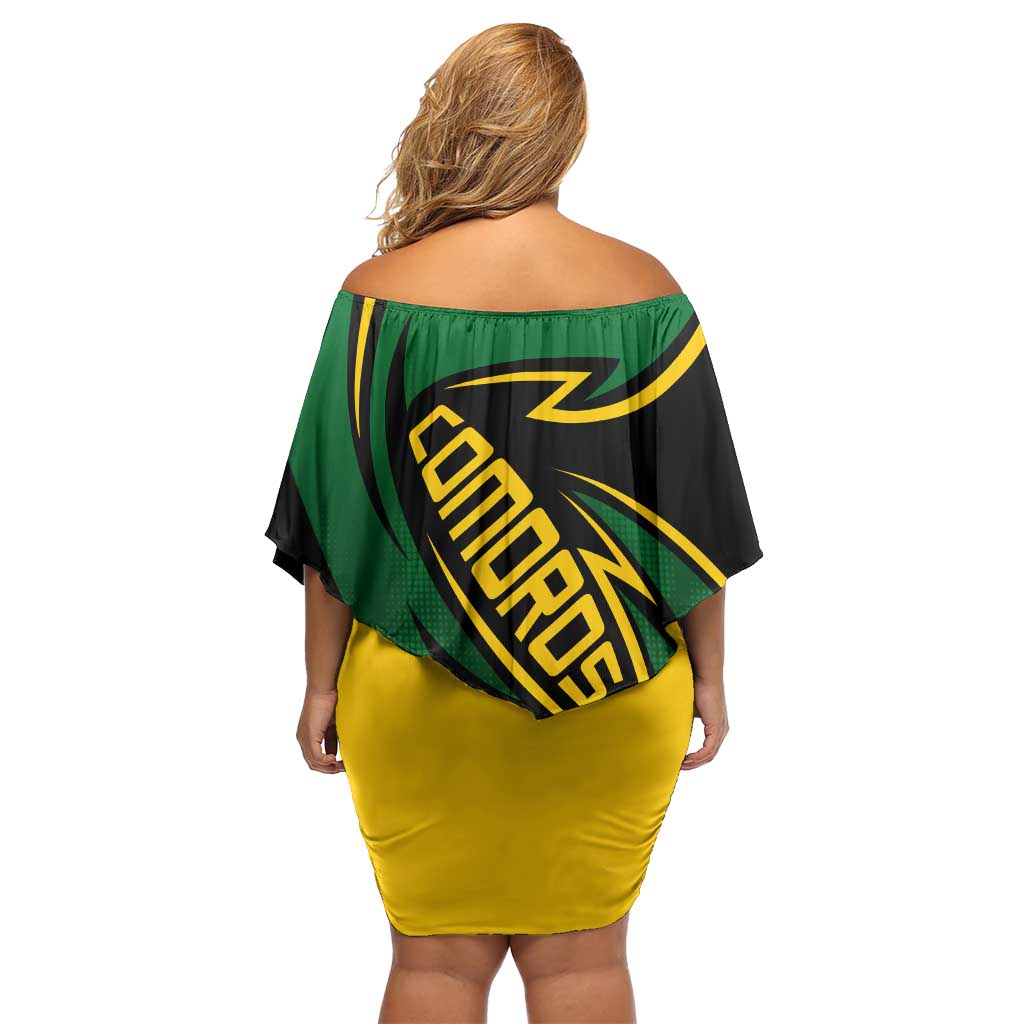 Comoros Off Shoulder Short Dress with Green Black Yellow Swirl Design and National Emblem Pattern