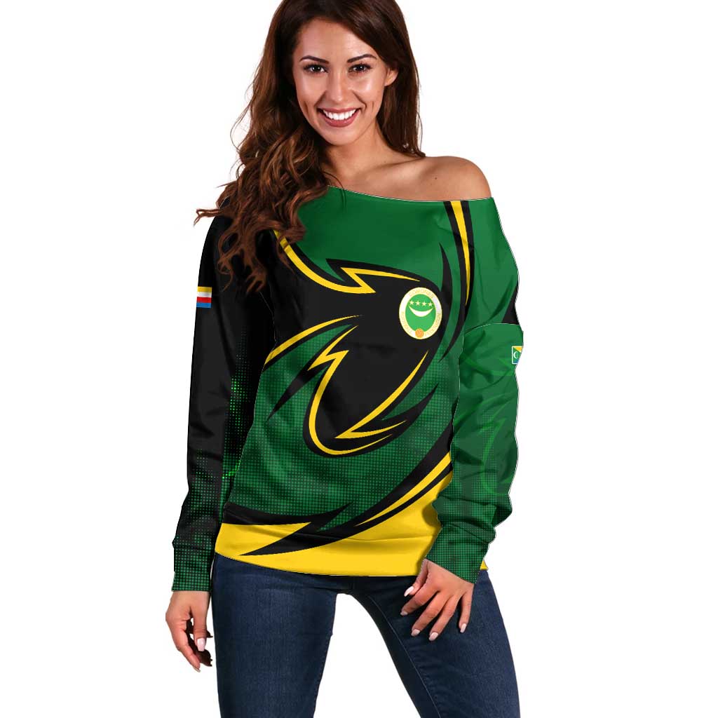 Comoros Off Shoulder Sweater with Green Black Yellow Swirl Design and National Emblem Pattern