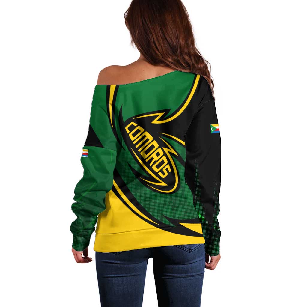 Comoros Off Shoulder Sweater with Green Black Yellow Swirl Design and National Emblem Pattern