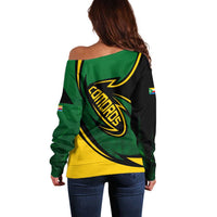 Comoros Off Shoulder Sweater with Green Black Yellow Swirl Design and National Emblem Pattern