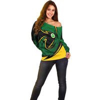 Comoros Off Shoulder Sweater with Green Black Yellow Swirl Design and National Emblem Pattern