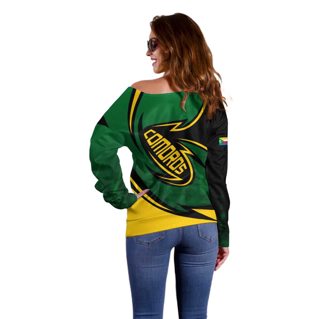 Comoros Off Shoulder Sweater with Green Black Yellow Swirl Design and National Emblem Pattern