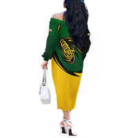 Comoros Off The Shoulder Long Sleeve Dress with Green Black Yellow Swirl Design and National Emblem Pattern