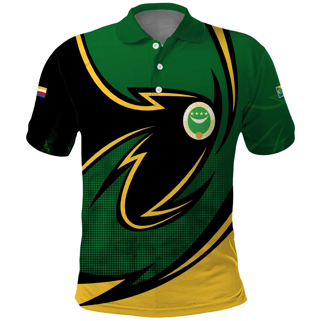 Comoros Polo Shirt with Green Black Yellow Swirl Design and National Emblem Pattern