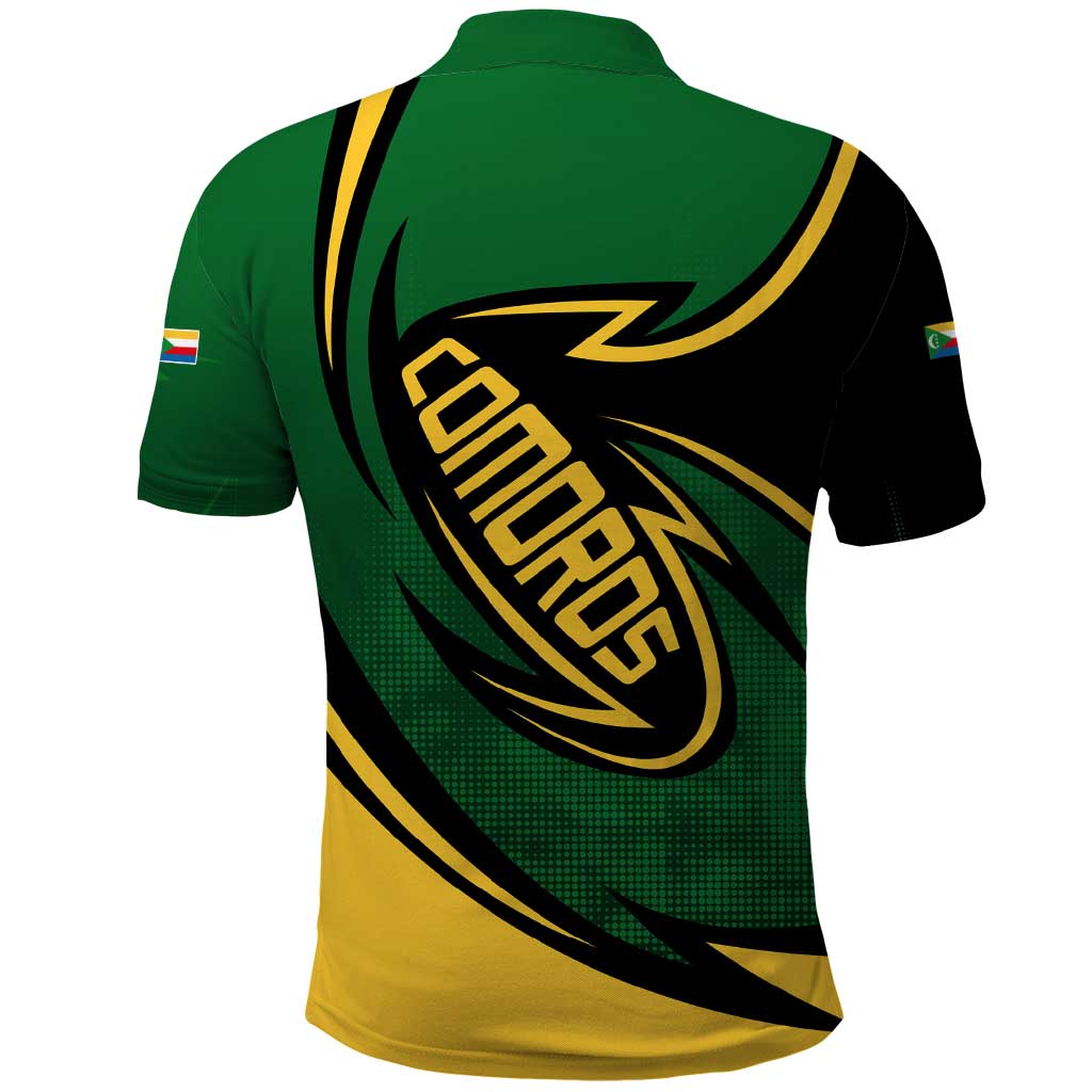 Comoros Polo Shirt with Green Black Yellow Swirl Design and National Emblem Pattern