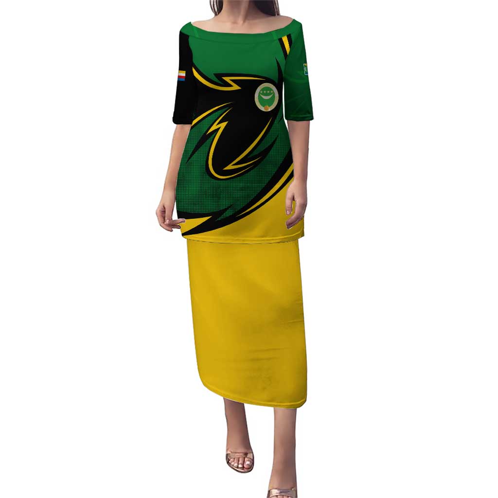 Comoros Puletasi with Green Black Yellow Swirl Design and National Emblem Pattern