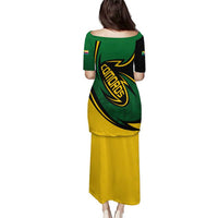 Comoros Puletasi with Green Black Yellow Swirl Design and National Emblem Pattern