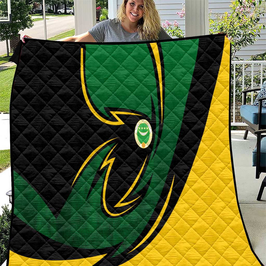 Comoros Quilt with Green Black Yellow Swirl Design and National Emblem Pattern