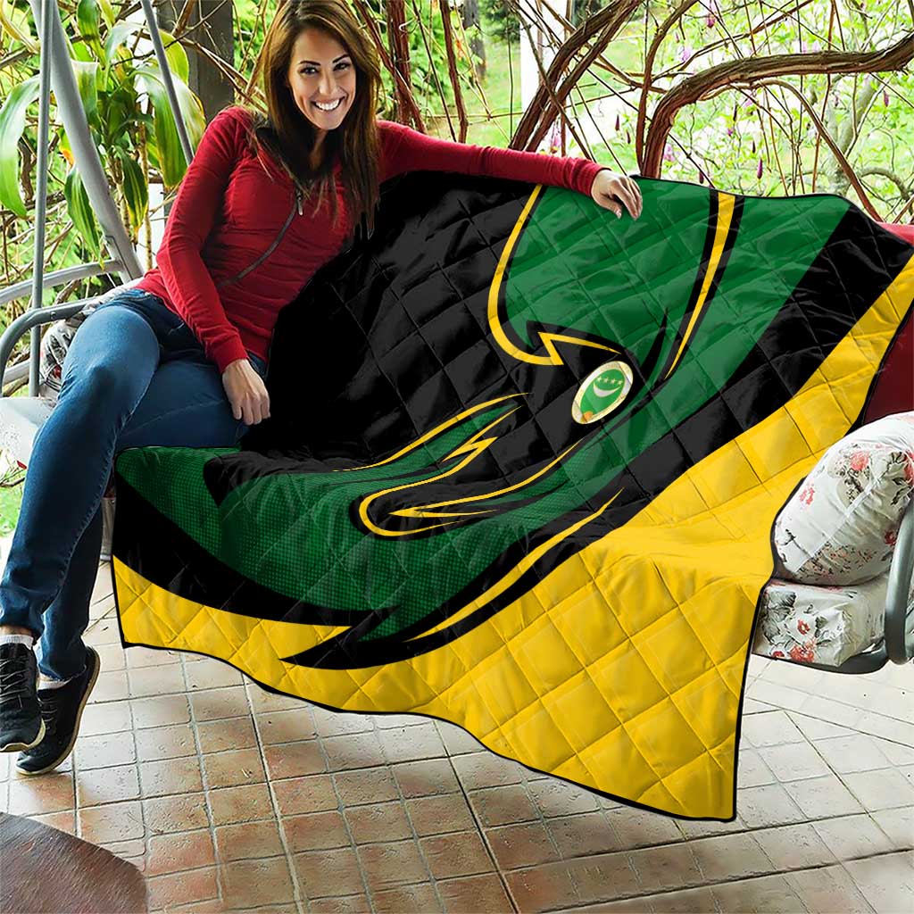 Comoros Quilt with Green Black Yellow Swirl Design and National Emblem Pattern