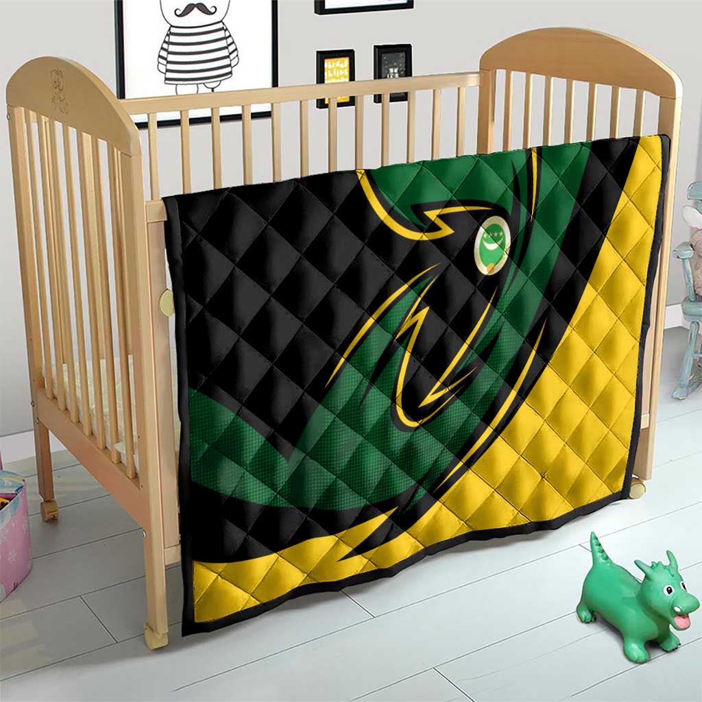 Comoros Quilt with Green Black Yellow Swirl Design and National Emblem Pattern