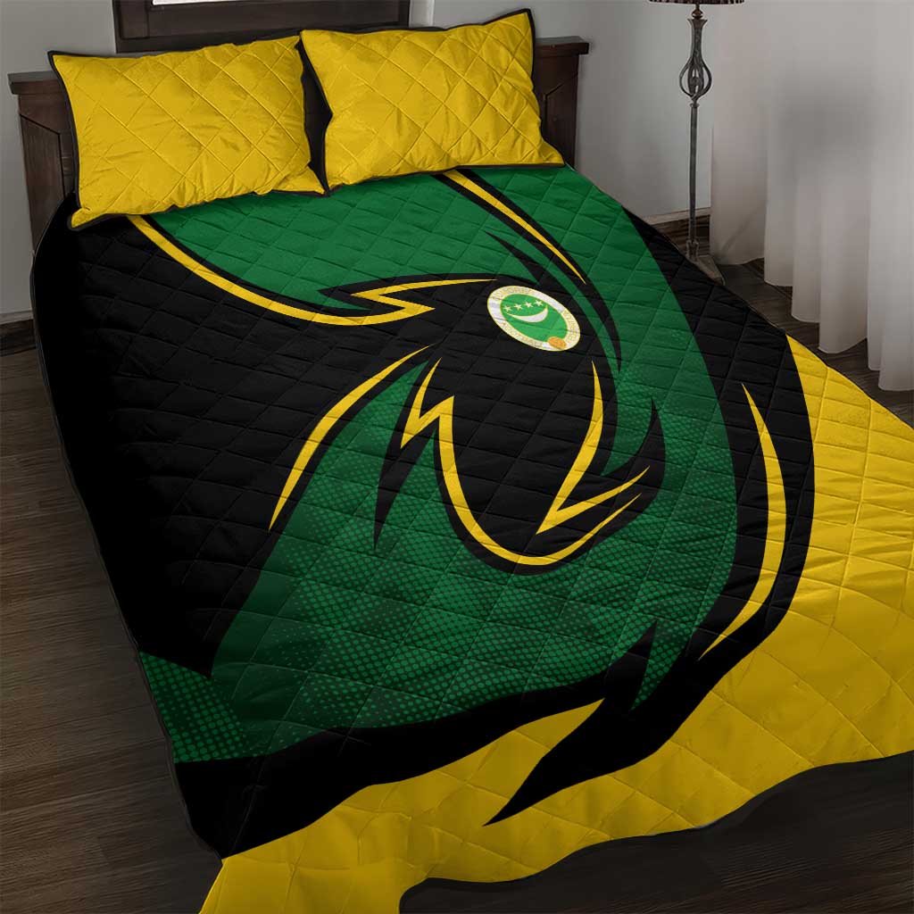 Comoros Quilt Bed Set with Green Black Yellow Swirl Design and National Emblem Pattern