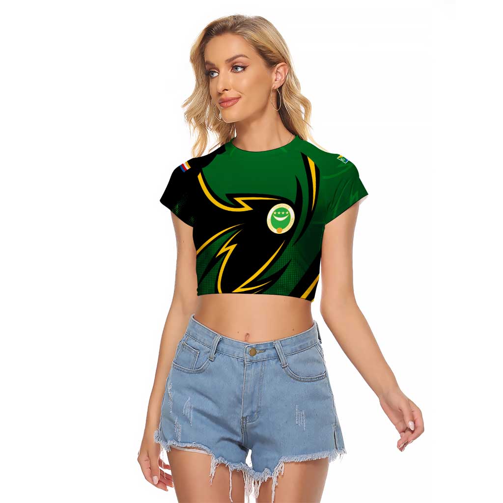 Comoros Raglan Cropped T Shirt with Green Black Yellow Swirl Design and National Emblem Pattern