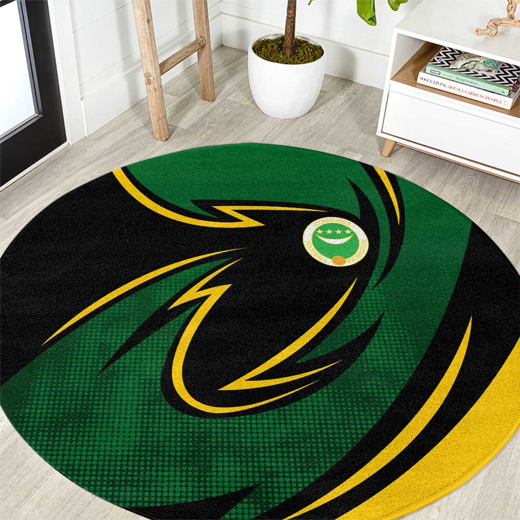 Comoros Round Carpet with Green Black Yellow Swirl Design and National Emblem Pattern