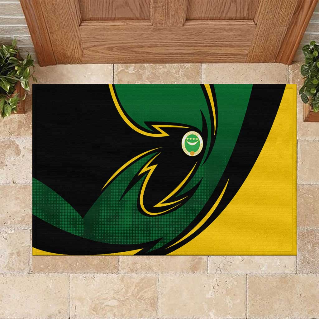 Comoros Rubber Doormat with Green Black Yellow Swirl Design and National Emblem Pattern