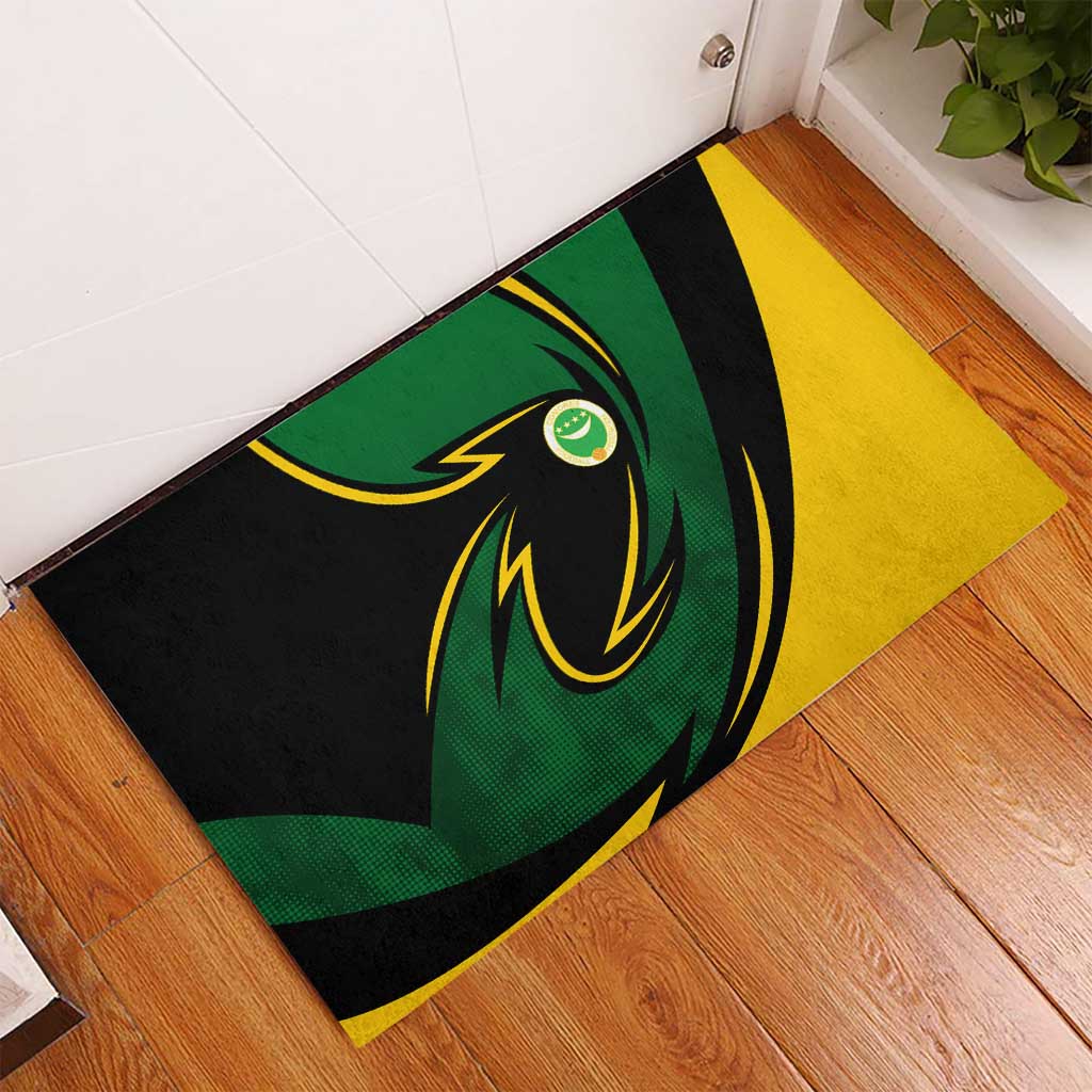 Comoros Rubber Doormat with Green Black Yellow Swirl Design and National Emblem Pattern