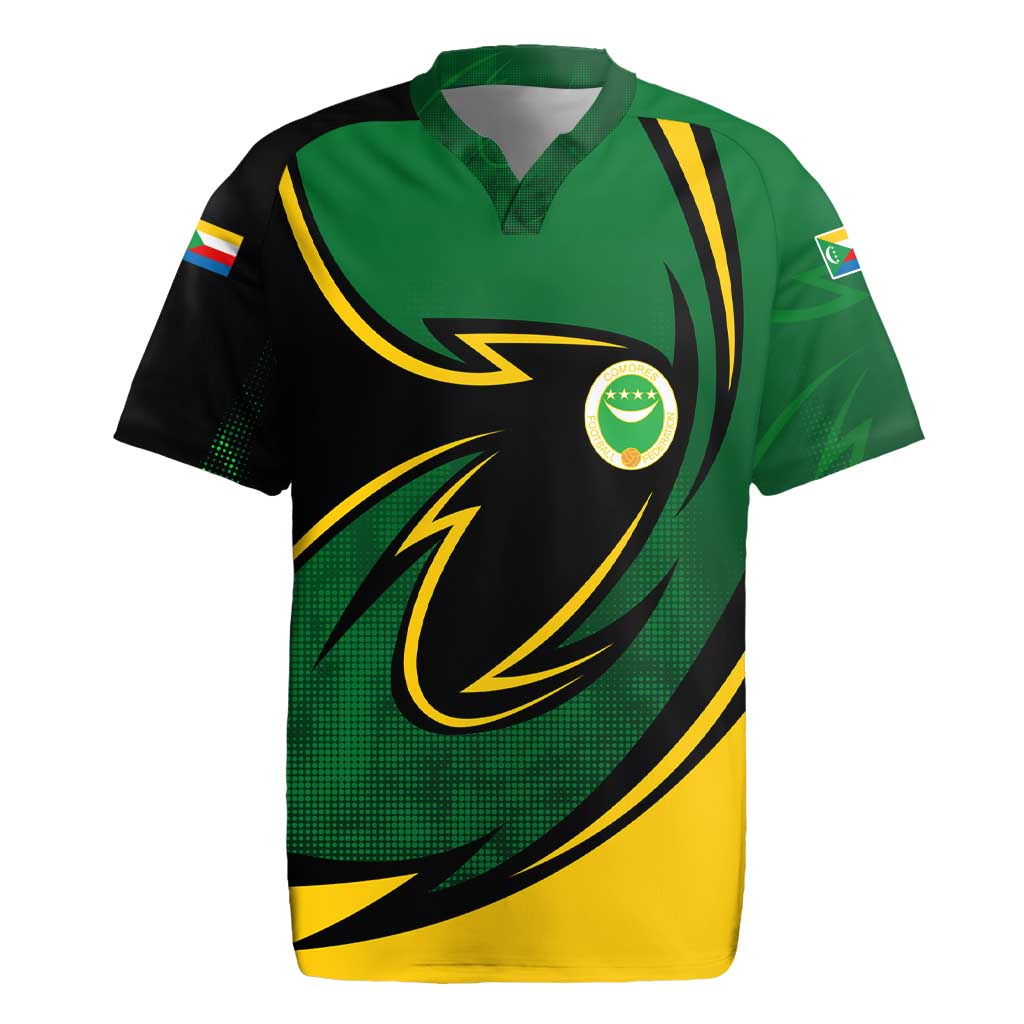 Comoros Rugby Jersey with Green Black Yellow Swirl Design and National Emblem Pattern
