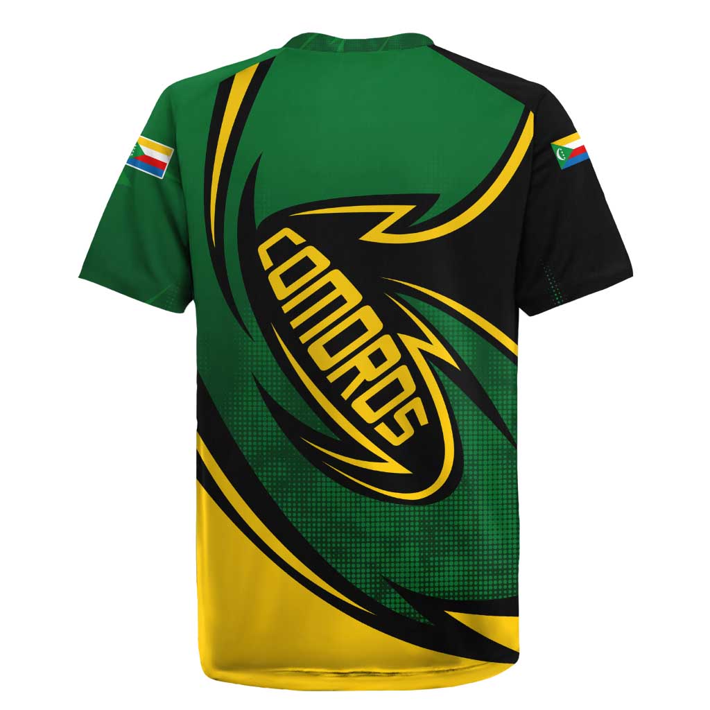 Comoros Rugby Jersey with Green Black Yellow Swirl Design and National Emblem Pattern