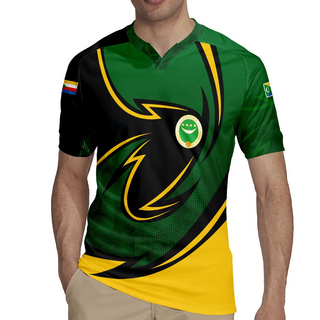 Comoros Rugby Jersey with Green Black Yellow Swirl Design and National Emblem Pattern