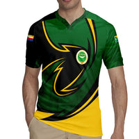 Comoros Rugby Jersey with Green Black Yellow Swirl Design and National Emblem Pattern