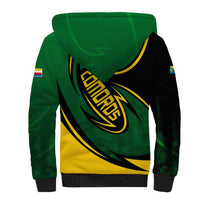 Comoros Sherpa Hoodie with Green Black Yellow Swirl Design and National Emblem Pattern
