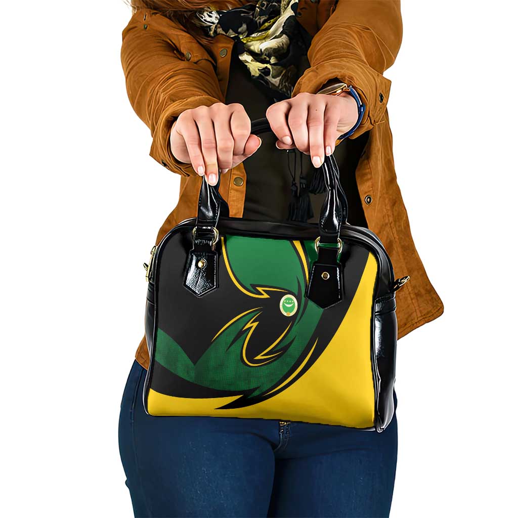 Comoros Shoulder Handbag with Green Black Yellow Swirl Design and National Emblem Pattern