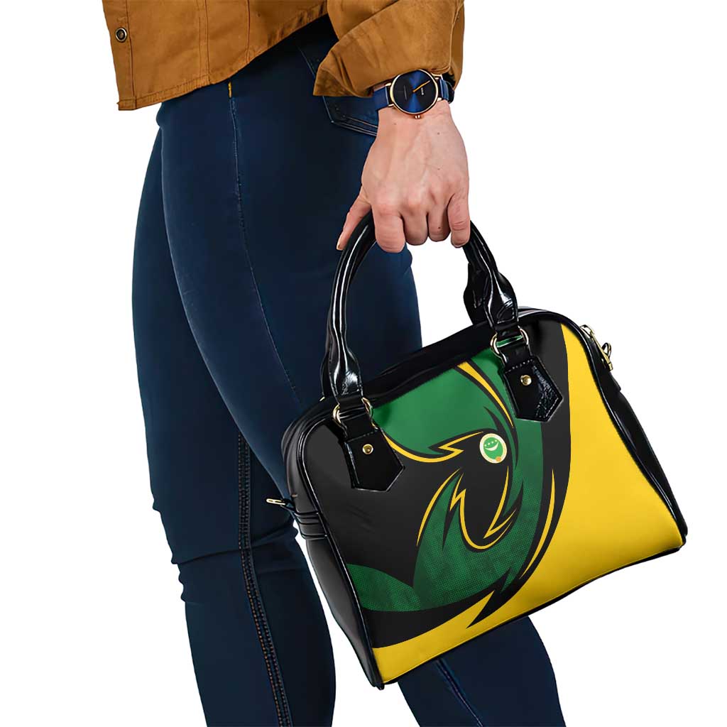 Comoros Shoulder Handbag with Green Black Yellow Swirl Design and National Emblem Pattern