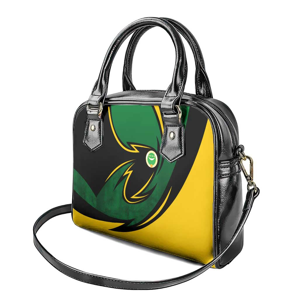 Comoros Shoulder Handbag with Green Black Yellow Swirl Design and National Emblem Pattern