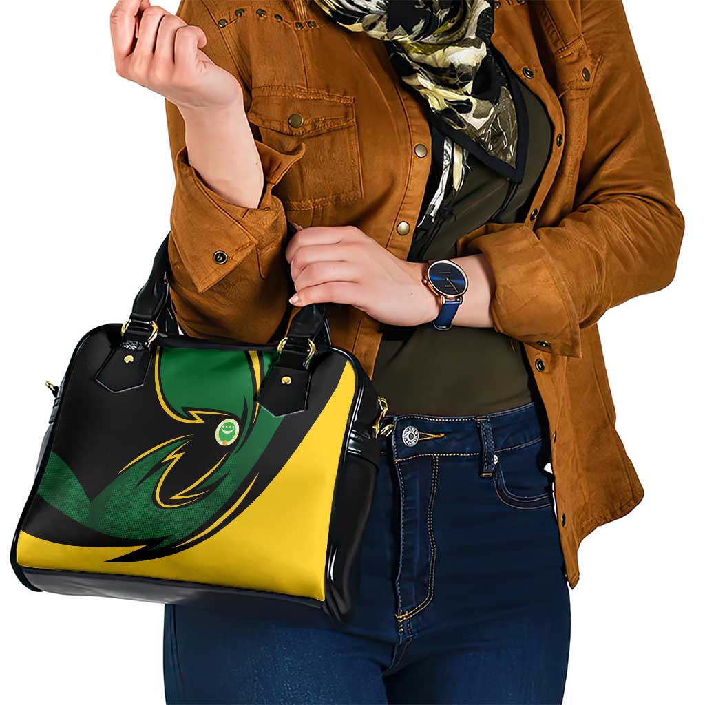 Comoros Shoulder Handbag with Green Black Yellow Swirl Design and National Emblem Pattern