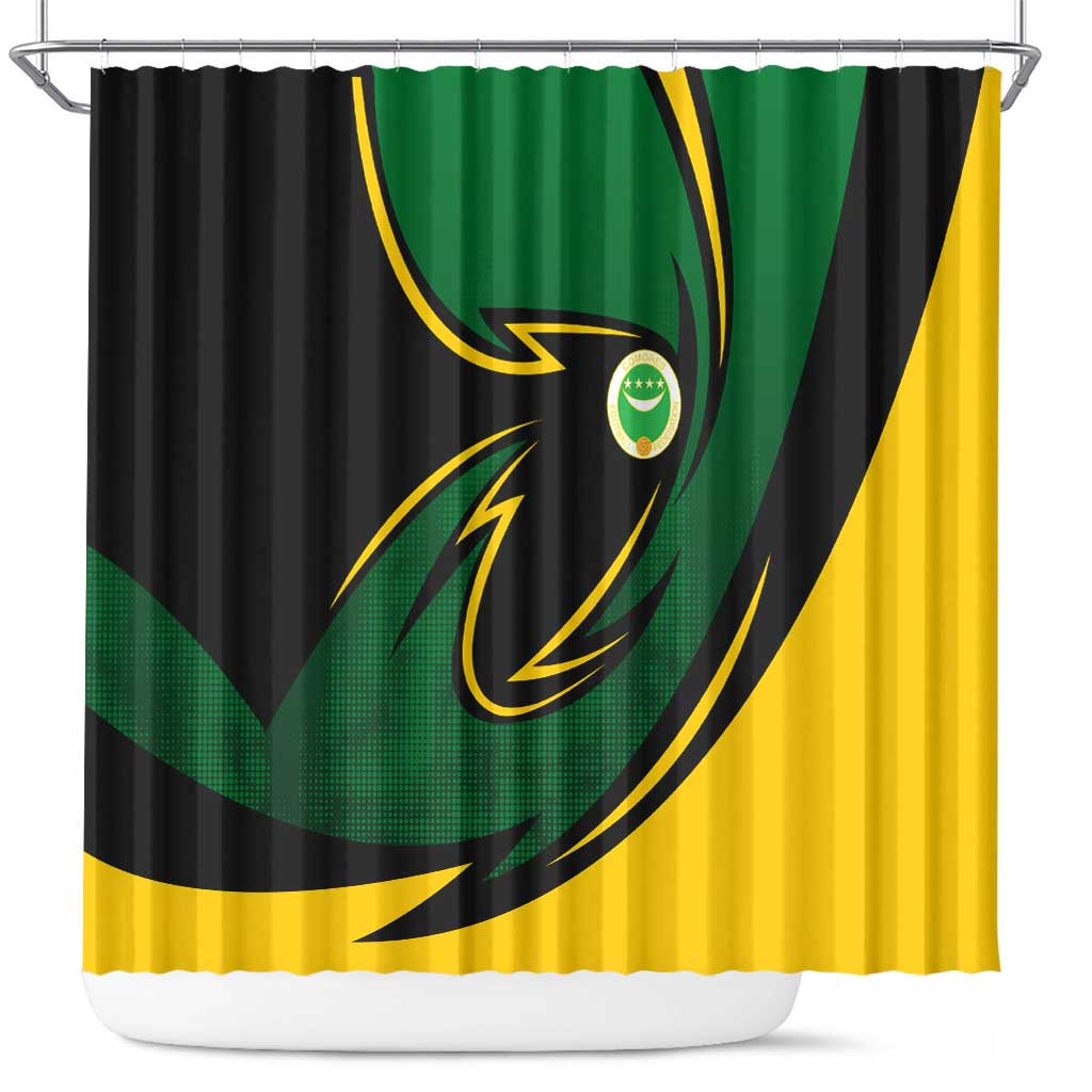 Comoros Shower Curtain with Green Black Yellow Swirl Design and National Emblem Pattern