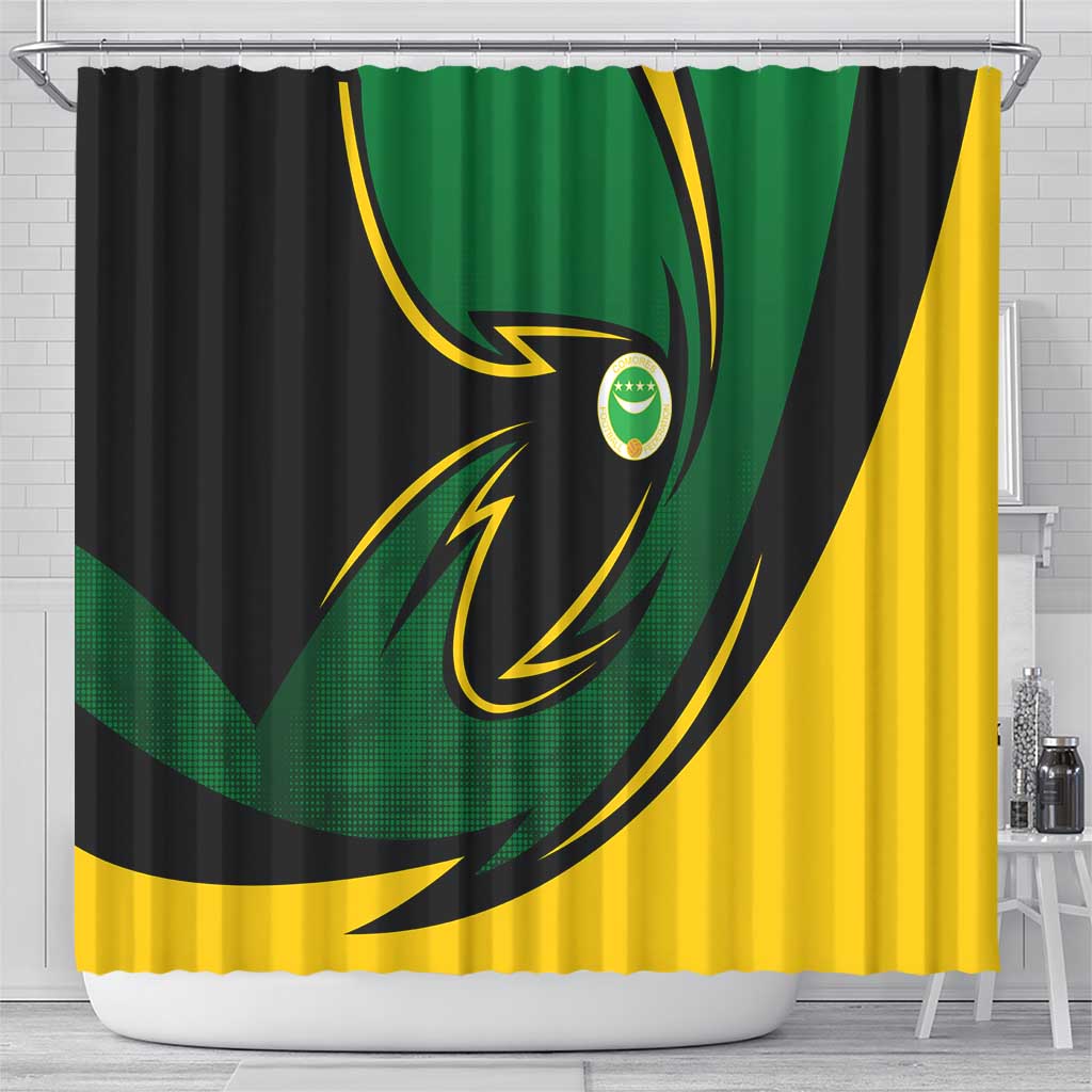 Comoros Shower Curtain with Green Black Yellow Swirl Design and National Emblem Pattern