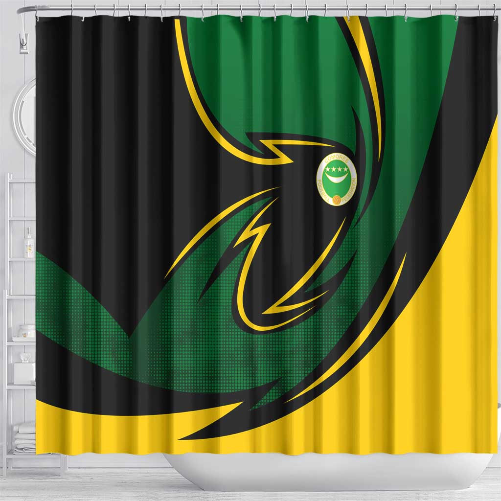 Comoros Shower Curtain with Green Black Yellow Swirl Design and National Emblem Pattern