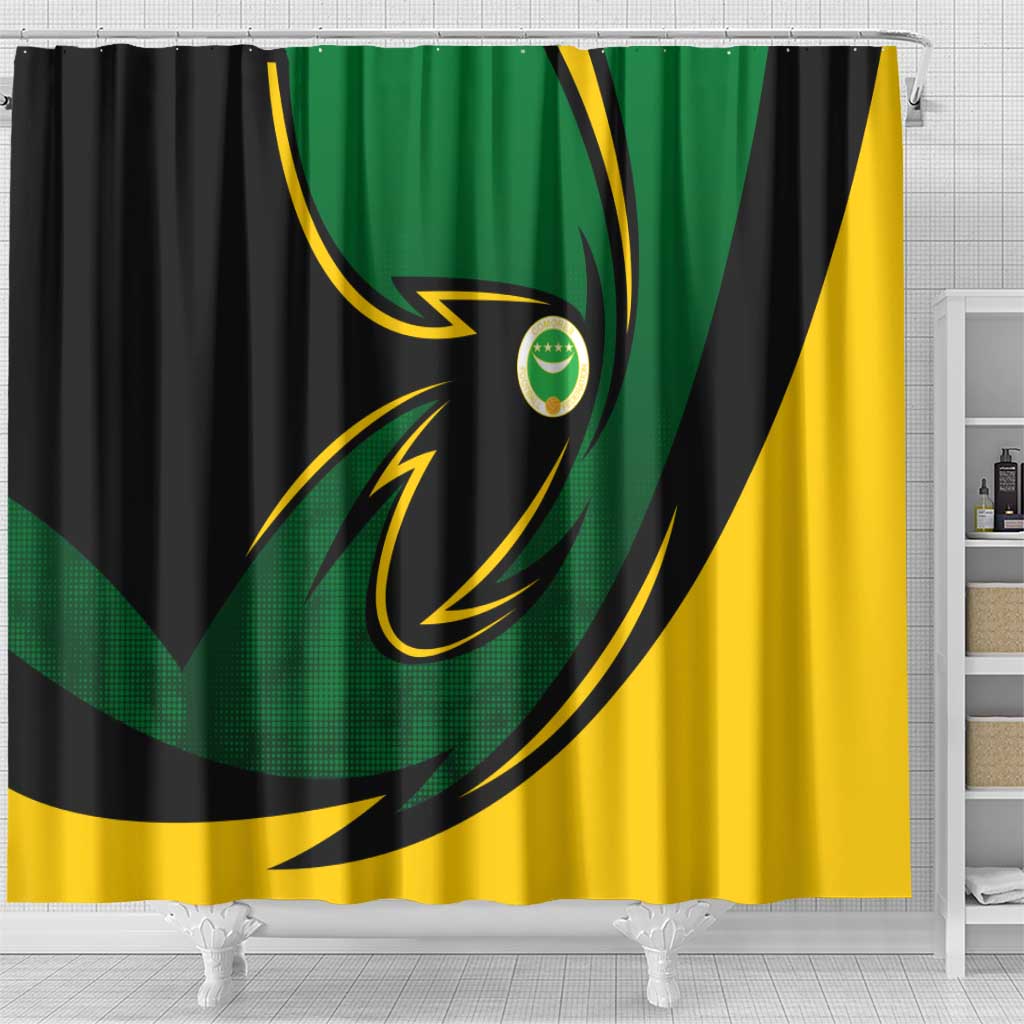 Comoros Shower Curtain with Green Black Yellow Swirl Design and National Emblem Pattern