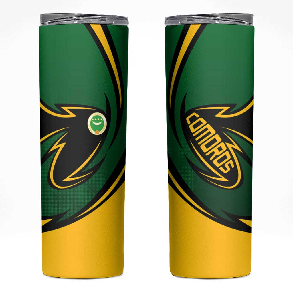 Comoros Skinny Tumbler with Green Black Yellow Swirl Design and National Emblem Pattern