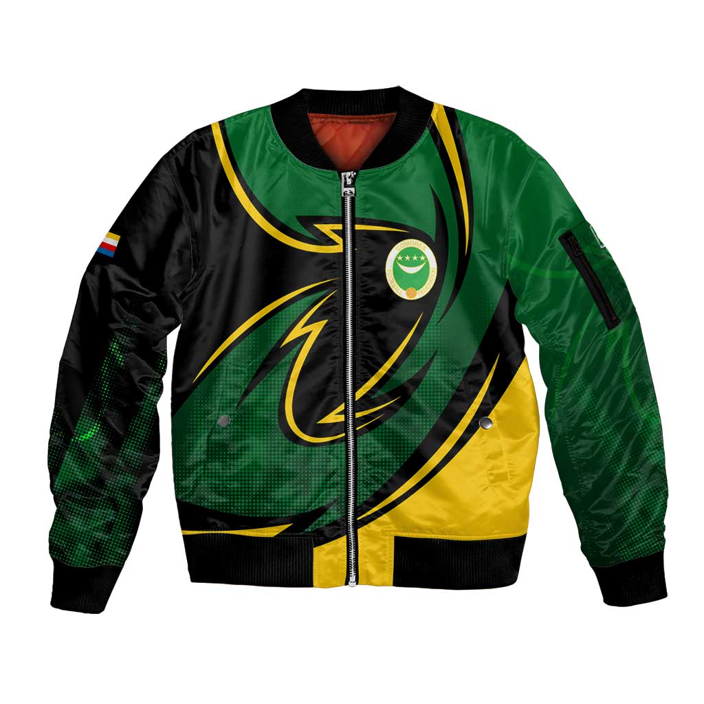 Comoros Sleeve Zip Bomber Jacket with Green Black Yellow Swirl Design and National Emblem Pattern