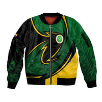 Comoros Sleeve Zip Bomber Jacket with Green Black Yellow Swirl Design and National Emblem Pattern