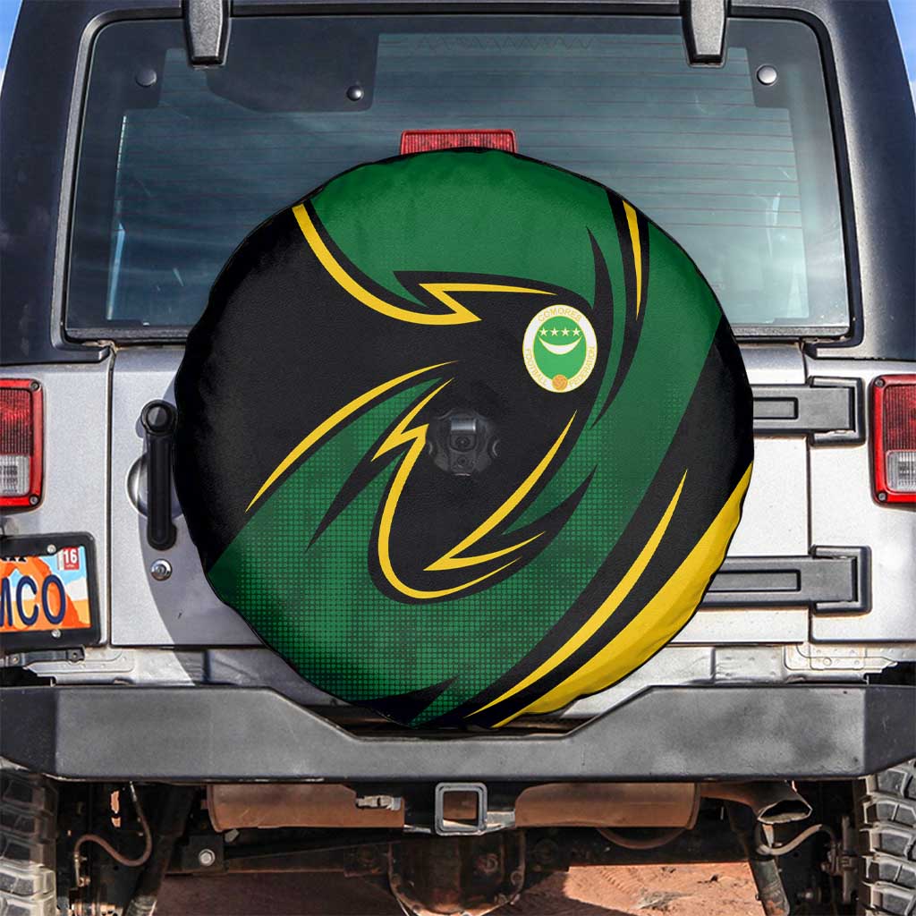 Comoros Spare Tire Cover with Green Black Yellow Swirl Design and National Emblem Pattern