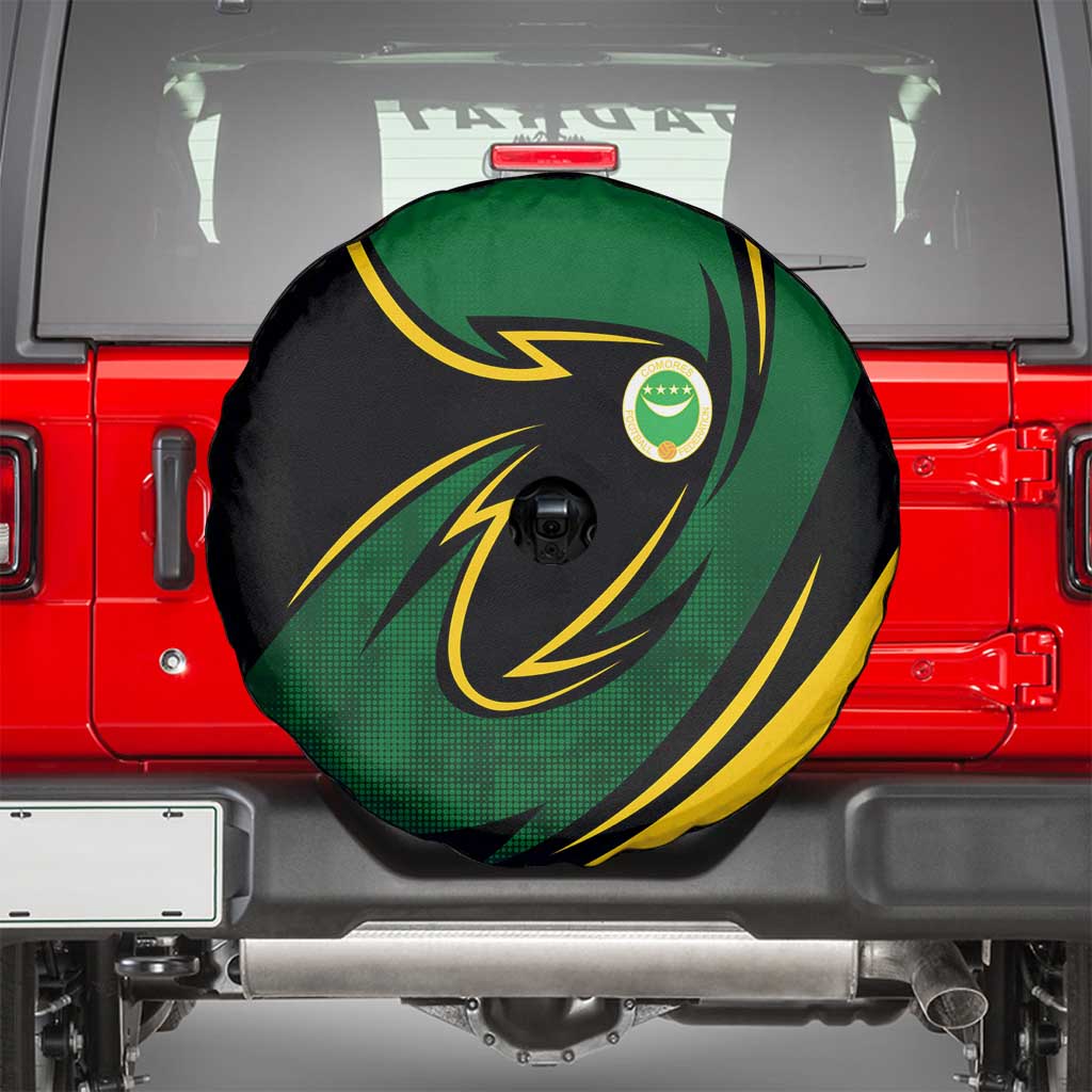 Comoros Spare Tire Cover with Green Black Yellow Swirl Design and National Emblem Pattern