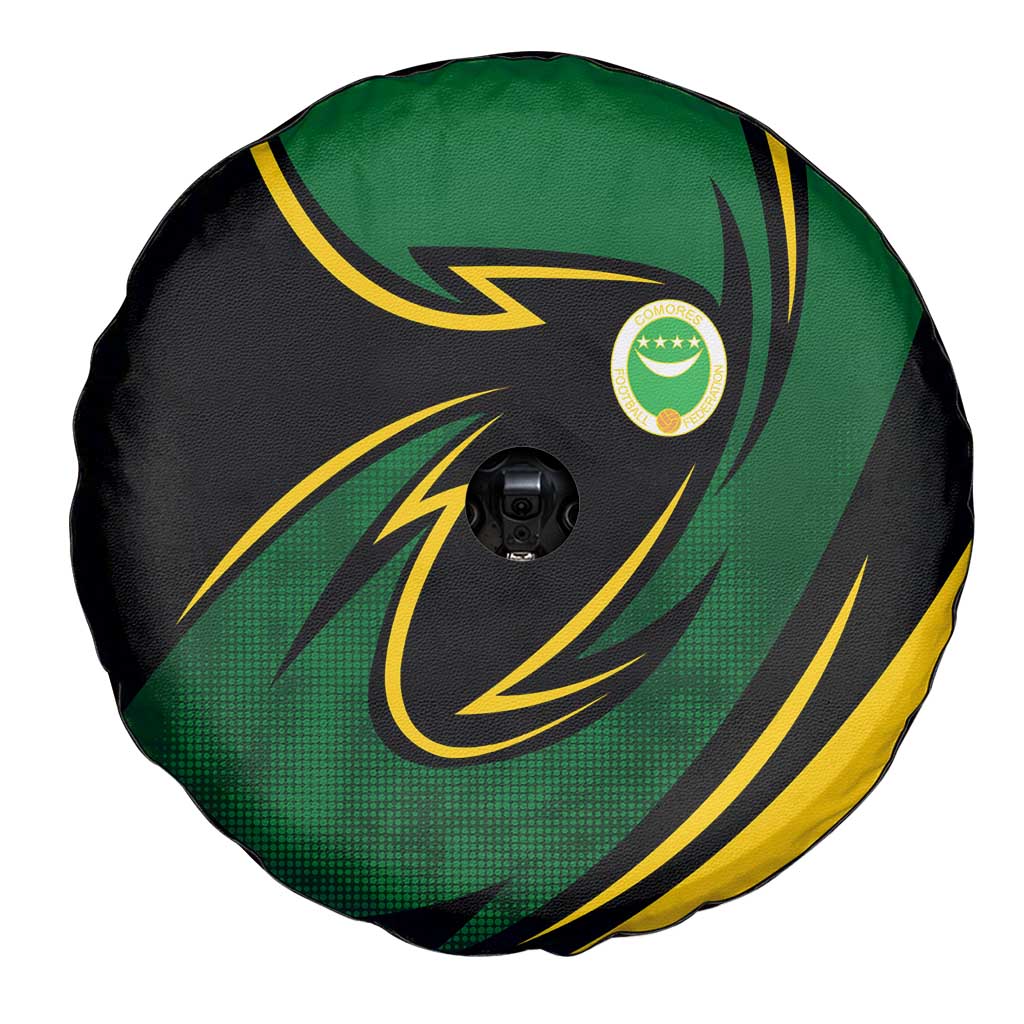 Comoros Spare Tire Cover with Green Black Yellow Swirl Design and National Emblem Pattern