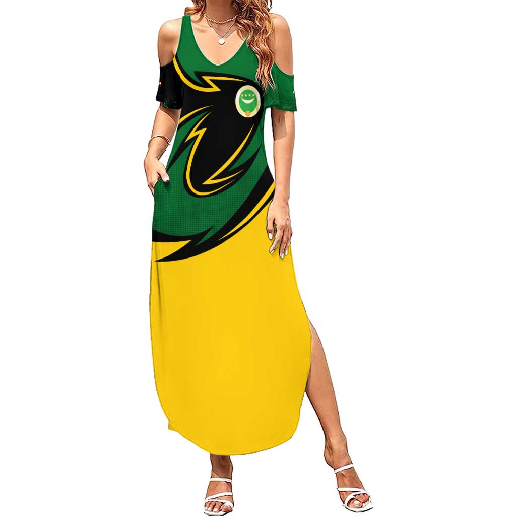 Comoros Summer Maxi Dress with Green Black Yellow Swirl Design and National Emblem Pattern