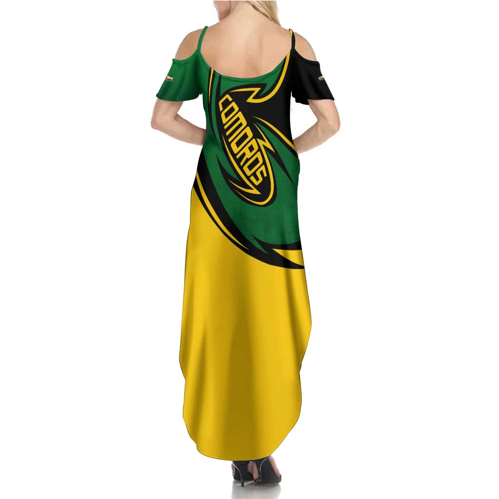 Comoros Summer Maxi Dress with Green Black Yellow Swirl Design and National Emblem Pattern