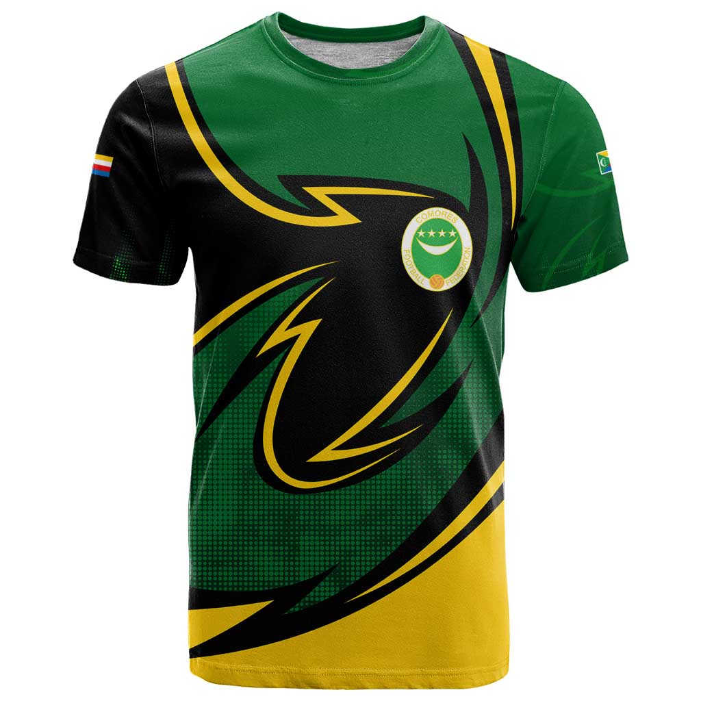 Comoros T Shirt with Green Black Yellow Swirl Design and National Emblem Pattern